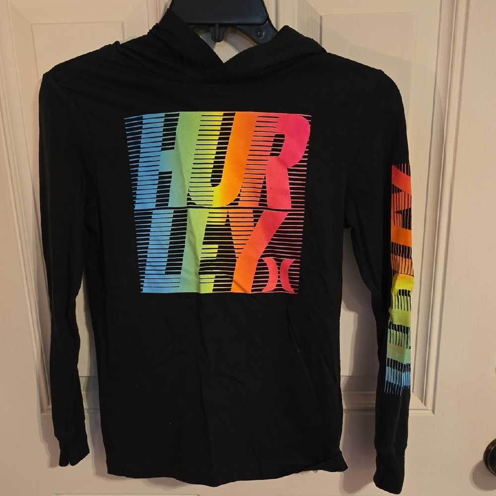 Kids Medium Hurley Black Long Sleeve Hoodie Shirt with Rainbow Logo